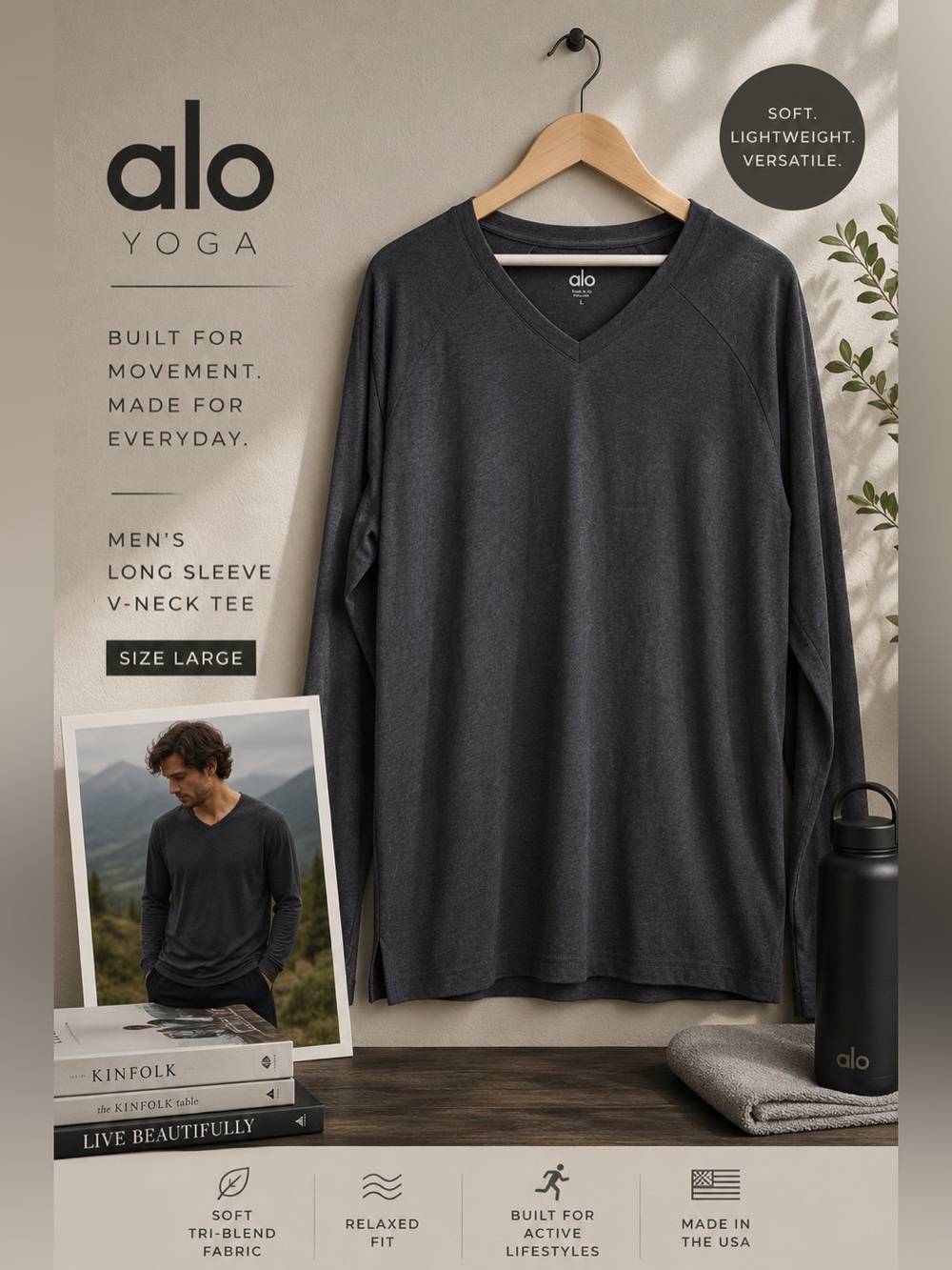 Alo Yoga Men’s Long Sleeve V Neck Lounge Tee Gray Relaxed Athleisure Shirt Large